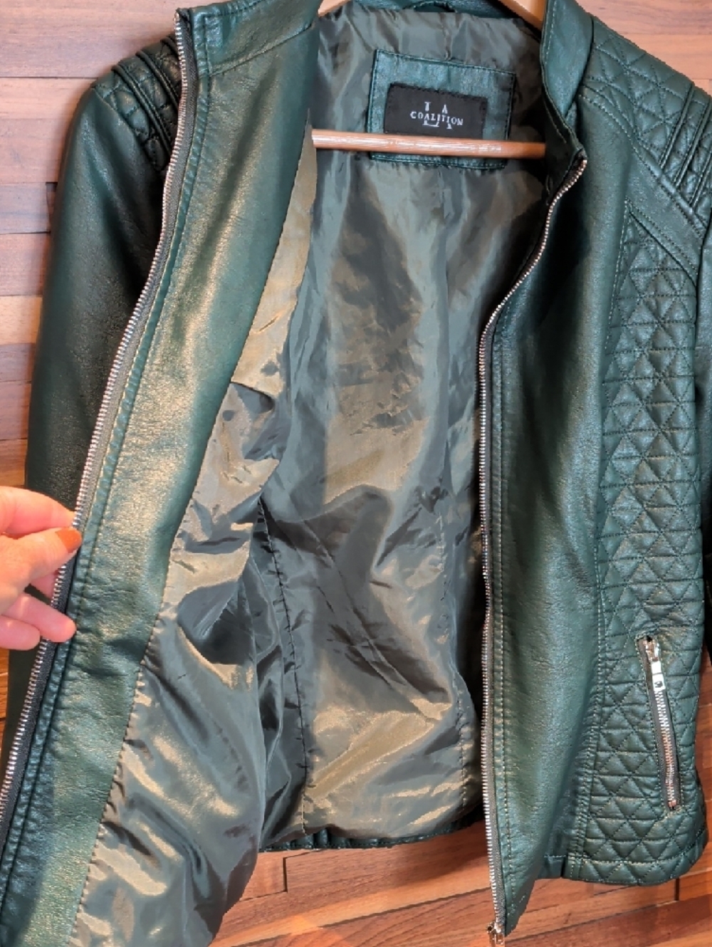 Quilted Faux Leather Moto Jacket in Forest Green - Picture 6 of 9